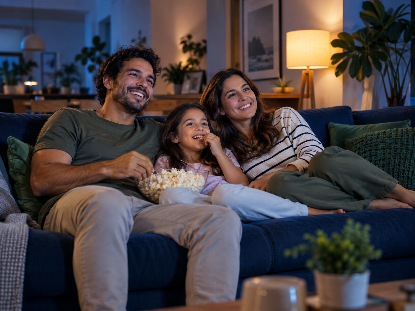 Família aproveitando um momento juntos no sofá de casa.